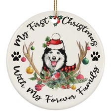 My First Christmas Husky Dog With Deer Anlters Ornament Gift Tree Decor Hanging