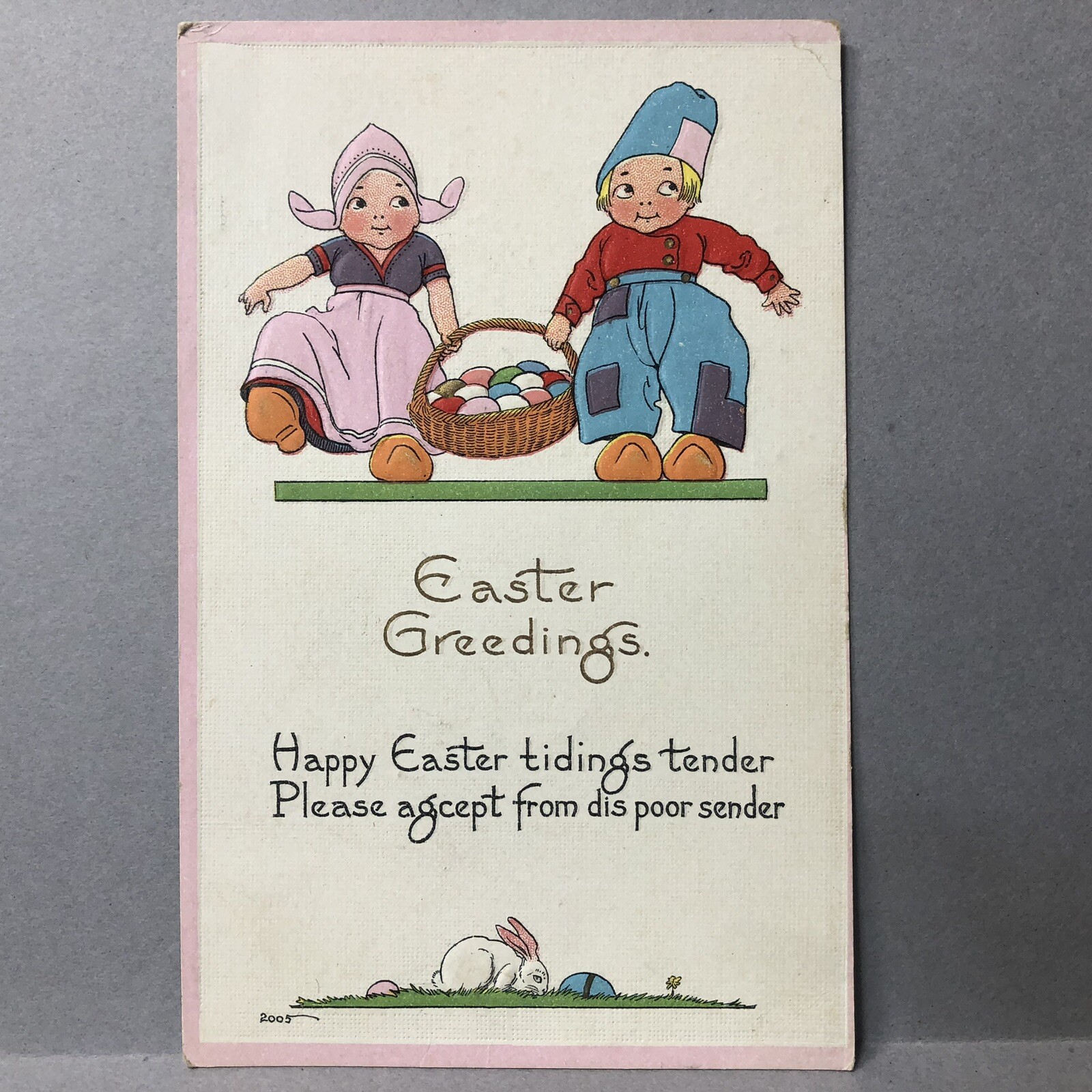 Postcard Easter Greedings Kids Holding Basket Bunny Bergman 1917 | eBay