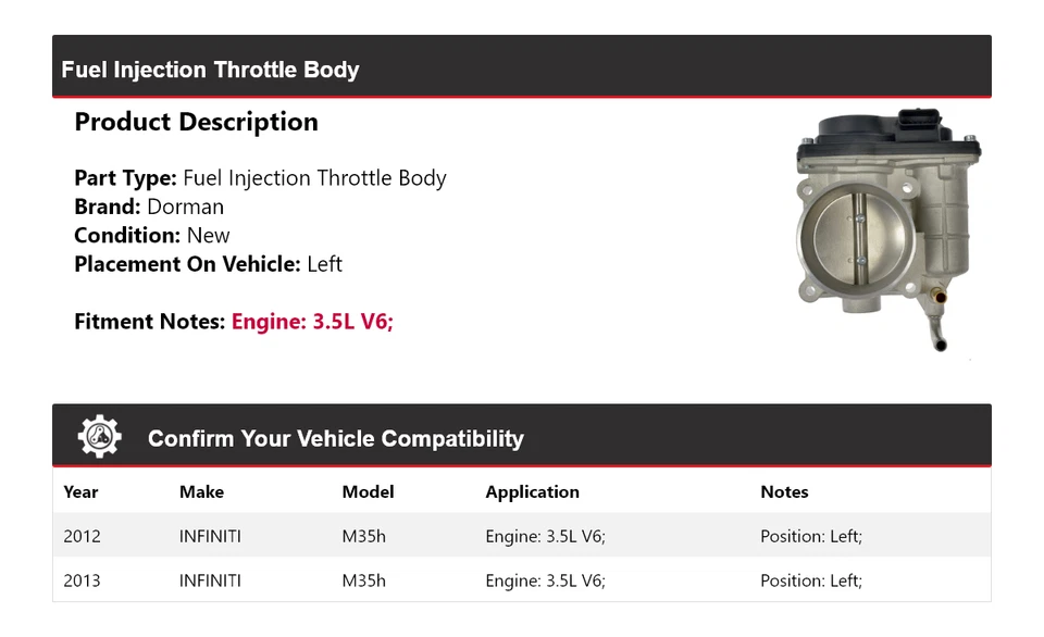 Cuerpo de acelerador de inyección de combustible izquierdo Infiniti M35h 2012-2013 3,5 L V6 Dorman Foto 2 de 4