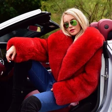 Fashion Women Red Natural Fox Fur Coat With Lapel Winter Full Pelt Warm Outwear 