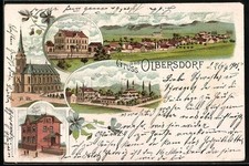 Litografía Olbersdorf, Kaiserl. Oficina de correos, Kaltenstein y escuela...