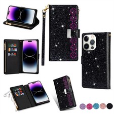 For Various Phone Zipper 9 Cards Flip Wallet Case Girl Laser Glitter Stand Cover