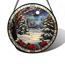 DASTOLL Stained Glass Window Hanging Christmas Tree Winter Snow Night Scenery...