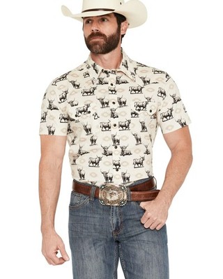 Rock & Roll Denim Men's And Men'S Steer Print Short Sleeve Snap Stretch -