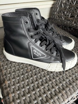 PRADA Black Leather High-Top Lace-Up Sneakers White Rubber Sole Logo
