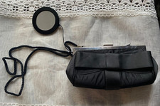 Metaphor Evening bag black satin w/ attached mirror  strap fabric bow accent