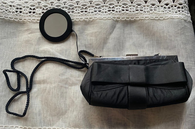 Metaphor Evening bag black satin w/ attached mirror & strap fabric bow accent