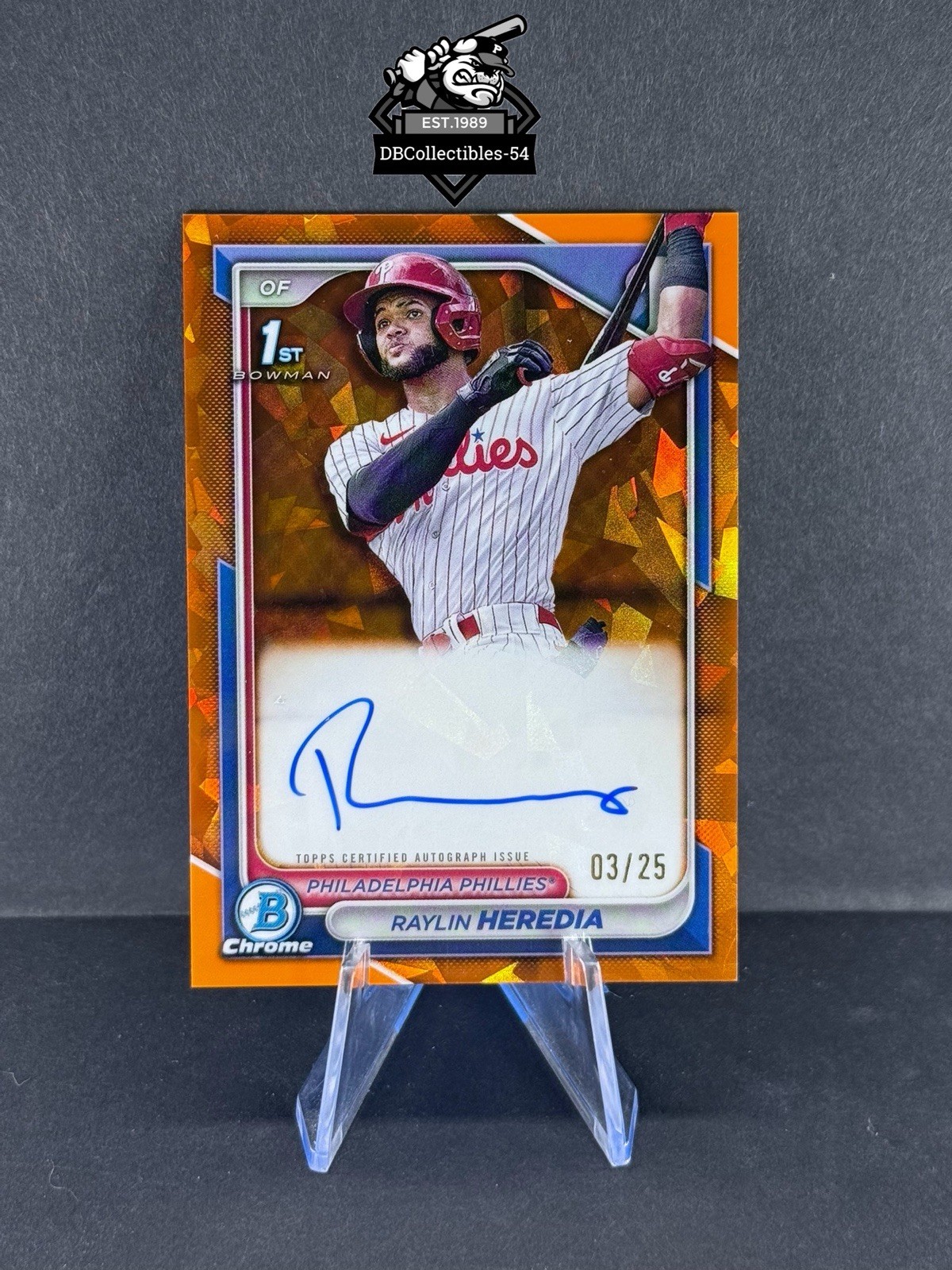 2024 Bowman Sapphire Raylin Heredia 1st Orange Auto 03/25 Philadelphia Phillies