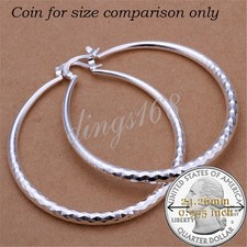 Ladies 925 Sterling Silver Traditional Diamond-Cut 2" Large Round Hoop Earrings