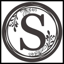 Decorative Metal Wall Art Sign with Letter S-Round Monogram Plaque with Flora...