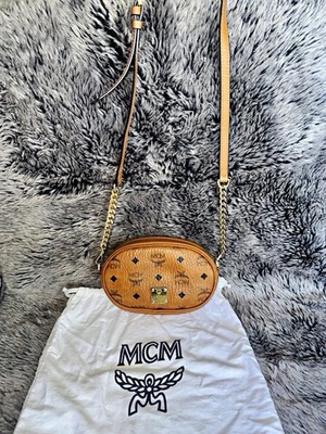 MCM Visetos Brown Monogram Oval Crossbody Bag w/ Detachable Strap & Dust Bag
