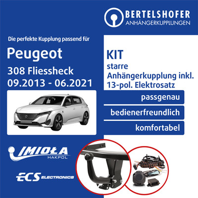 Für PEUGEOT 308 Fliessheck II 09.2013-06.2021 AHK starr +13pol sp. E-Satz TOP