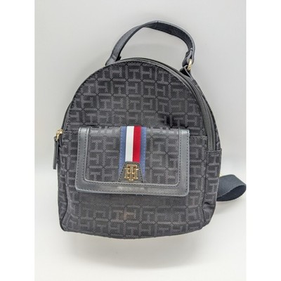 Tommy Hilfiger Women's Black Monogram Jacquard Mini Backpack Gold Logo Stripe