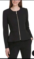 DKNY Womens 8 Black Peplum Full Zip Front Blazer Jacket Lined Modest Minimalist