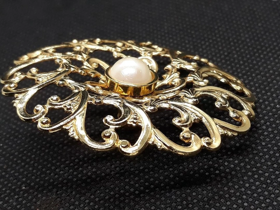 Винтажный Avon золотистый 3D цветок цветок филигранный круг Tac заколка искусственного жемчуга - Изображение 2 из 4