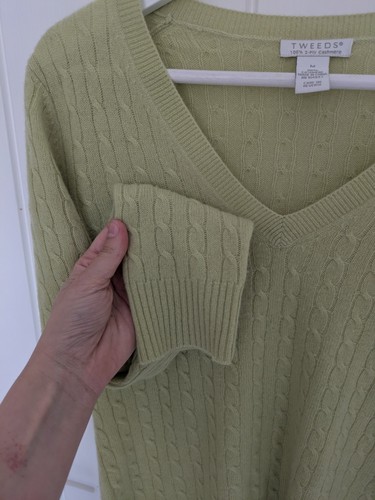 Tweeds 2-fädig 100 % Kaschmir Zopfmuster V-Ausschnitt limettengrün Pullover Damen Medium - Bild 3 von 8