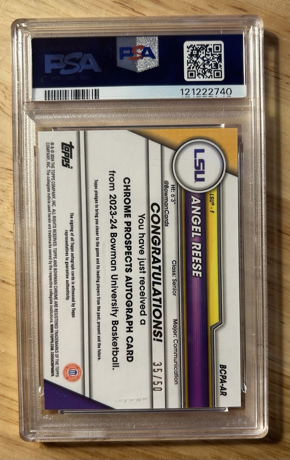 2023-24 Bowman University Chrome Angel Reese Auto Gold Lava /50 PSA 10 view 2