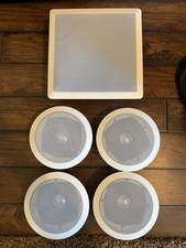White Wired Set: 4 Round In-Ceiling Speakers 1 Square In-Wall Subwoofer