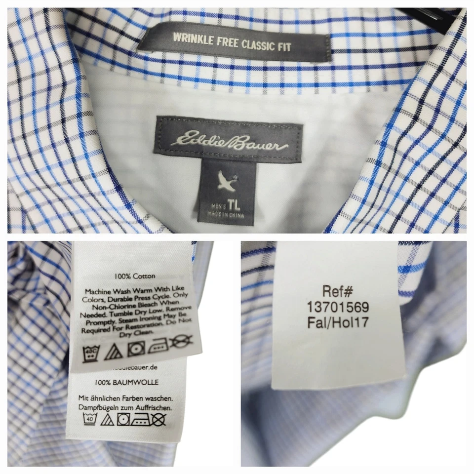 Eddie Bauer TL Mens Button Up Shirts Tall Lot 2  White Blue Plaid Cotton READ - Image 4 of 4