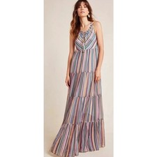 Love The Label Anthropologie Multicolor Striped Maxi Dress M Boho Beaded Tassel
