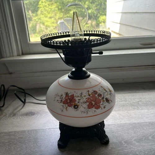 Vintage Milk Glass Autumn Floral Hurricane Lamp Works 3-Way Base Only