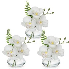 White Orchids Artificial Flowers Faux Orchids Arrangement in Clear Glass Vase...