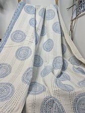 Indian Kantha Quilt Queen Block Print Handmade Cotton Bedspread Blanket Throw