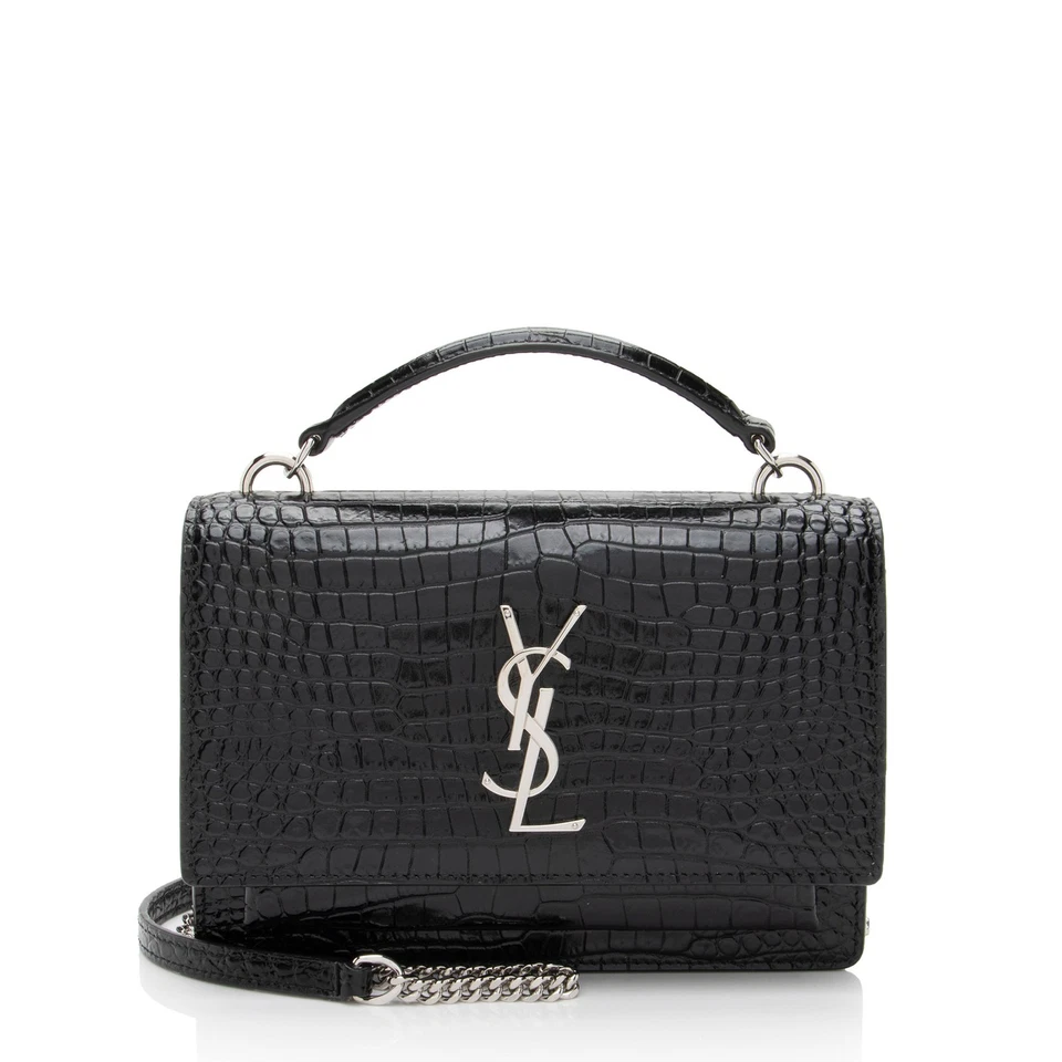 Saint Laurent Croc Embossed Leather Monogram Sunset Chain Wallet