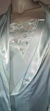 Ice Blue Short Shiny Poly Satin Peignoir Set Flirty Cut Out Trim Large Lingerie