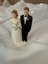 Vtg MCM Mid Century Ceramic Wedding Cake Topper 4.25" Bride Groom Figurine Japan