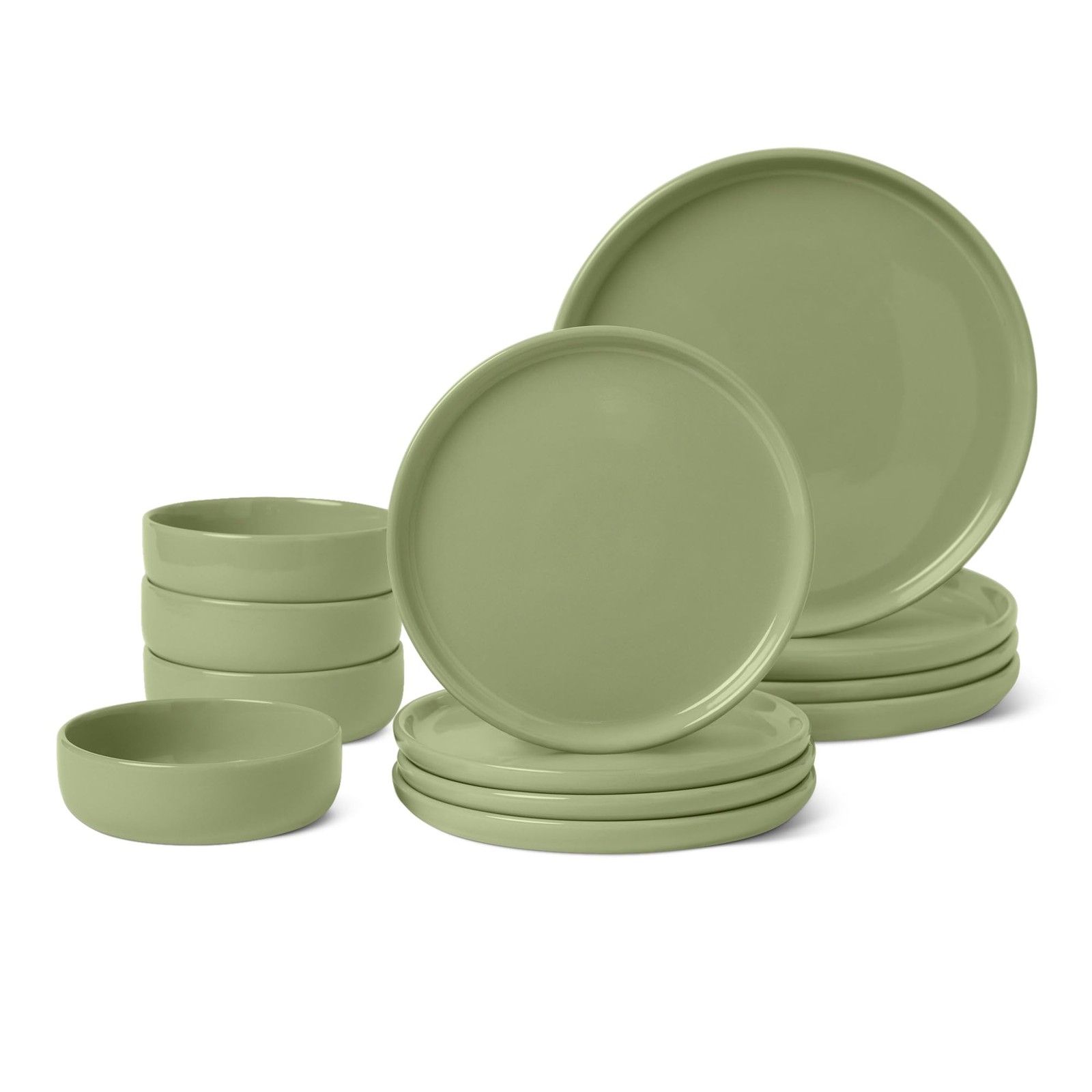 Amazon Basics 12-Piece Glazed Stoneware Dinnerware Olive Set for 4