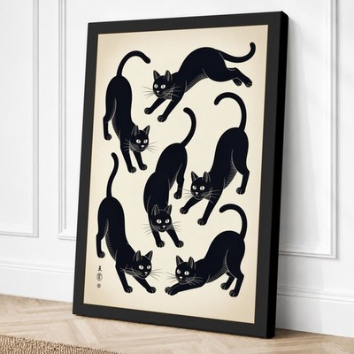 Sechs Katzen tanzen Japandi Leinwandbild Wandbild Wohndeko fertig zum Aufhängen