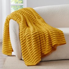 Fleece Throw Blanket for Couch - 300GSM Soft Warm Fluffy Mustard Yellow Blan