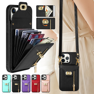 Leather Wallet Card Case Crossbody Strap For iPhone 15 Pro Max 14 13 12 11  XS XR
