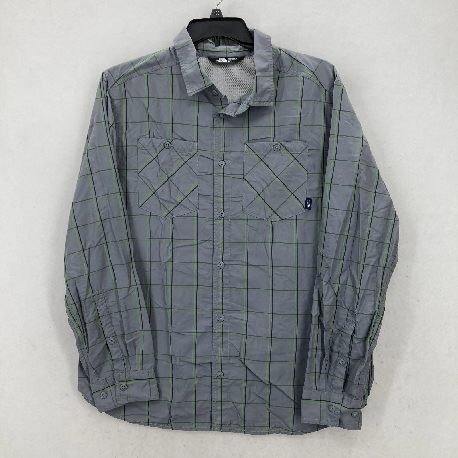 The North Face Vented Fishing Shirt Mens XL Gray Green Plaid Nylon Outdoors Camp