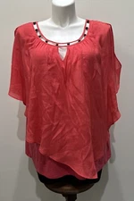 I.N. Studio women’s blouse,beautiful Coral crepe Plus Sz 3X Beaded Key Hole Open