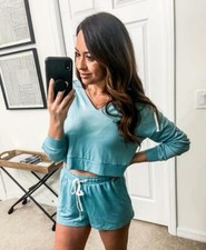 Women's French Terry Lounge Hoodie Top L 12-14 Blue Green Aqua Colsie