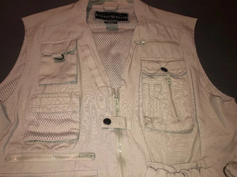 Vtg STREAM & FIELD Mens Photograph Fishing Vest Beige Khaki Sz Large 21 Pockets - Image 3 of 4