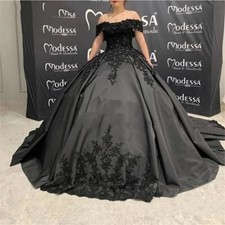 Black Satin Ball Quinceanera Dresses Off Shoulder Applique Sweet 16 Prom Gowns