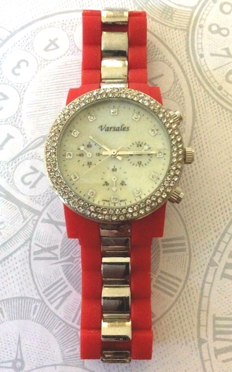 Varsales Women’s Crystal Watch Pearl Dial Crystal Hours Red & Silver Linked Band