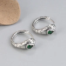 Solid 925 Sterling Silver Set Natural Green Zircon Snake Hoop Earrings 17mm Hoop