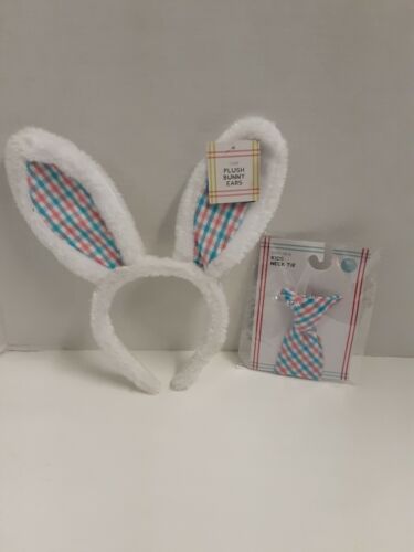 Easter Bunny Ears Headband Furry White W/Blue Plaid & Matching Clip-On Neck Tie - Picture 1 of 6