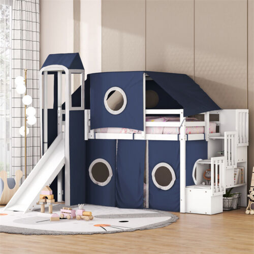 Twin Size Wood Loft Bed with Slide,Tent, Tower & Storage Staircase for Kids Blue - Picture 18 of 18