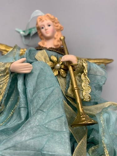 Kurt Adler Engel Weihnachtsschmuck blau gold mit Horn 10" x 7" atemberaubend süß - Bild 5 von 7