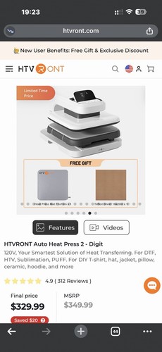 HTVRONT Auto Heat Press 2-Digit 15x15 Automatic Slide-Out Digital 120V