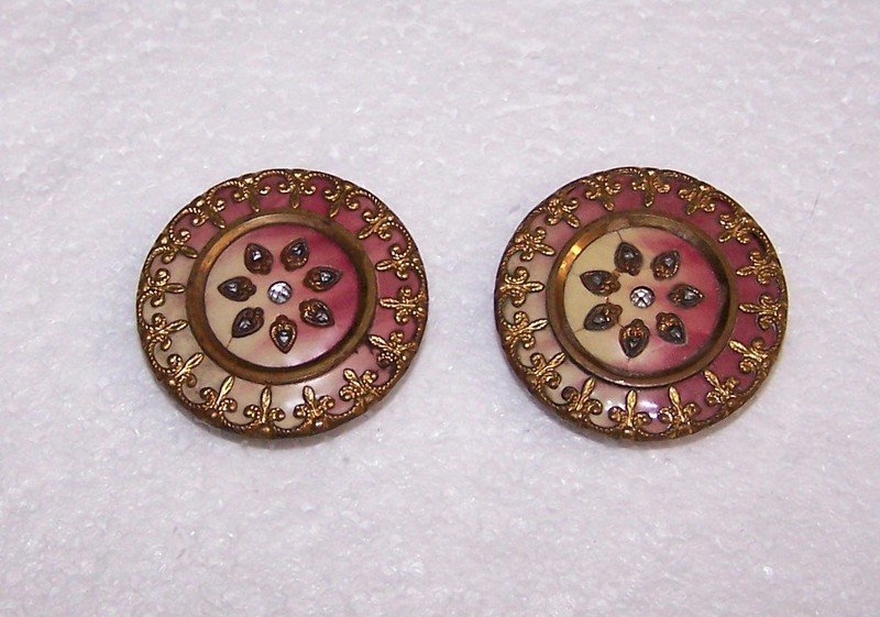 Two Large Celluloid Victorian Buttons Pink and Gold with Rhinestones