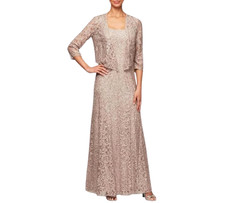 Alex Evenings Long Sequin Lace Jacket Dress with Illusion Sleeves, Buff, 14R