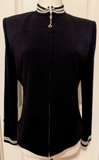 St John Sport Black Knit Gold/ White Trim Full Front Zip Jacket Sz M Stylish 