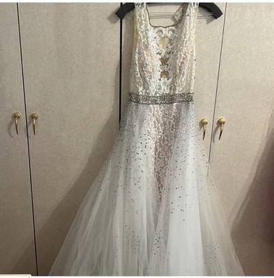 JVN Jovani Women s Dress Evening Gown White Lace Beaded Sleeveless Size 2