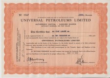 Universal Petroleums Limited 1953. Certyfikat magazynowy. 2000 udziałów. Vintage
